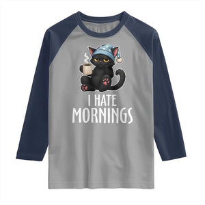 Funny I Hate Mornings Raglan Shirt Cute Lazy Cat Drink Coffee TS12 Sport Gray Navy Print Your Wear