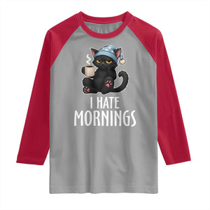 Funny I Hate Mornings Raglan Shirt Cute Lazy Cat Drink Coffee TS12 Sport Gray Red Print Your Wear