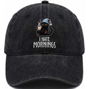 Funny I Hate Mornings Washed Cotton Baseball Cap Cute Lazy Cat Drink Coffee TS12 Print Your Wear