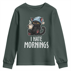 Funny I Hate Mornings Youth Sweatshirt Cute Lazy Cat Drink Coffee TS12 Dark Forest Green Print Your Wear