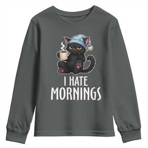 Funny I Hate Mornings Youth Sweatshirt Cute Lazy Cat Drink Coffee TS12 Dark Heather Print Your Wear