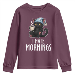 Funny I Hate Mornings Youth Sweatshirt Cute Lazy Cat Drink Coffee TS12 Maroon Print Your Wear