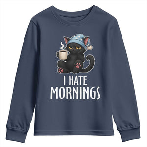 Funny I Hate Mornings Youth Sweatshirt Cute Lazy Cat Drink Coffee TS12 Navy Print Your Wear