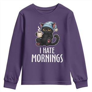 Funny I Hate Mornings Youth Sweatshirt Cute Lazy Cat Drink Coffee TS12 Purple Print Your Wear