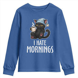 Funny I Hate Mornings Youth Sweatshirt Cute Lazy Cat Drink Coffee TS12 Royal Blue Print Your Wear