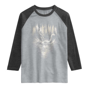 Funny Bigfoot Water Skiing Behind Nessie Raglan Shirt Cryptid Lover