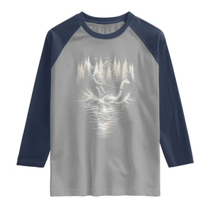 Funny Bigfoot Water Skiing Behind Nessie Raglan Shirt Cryptid Lover