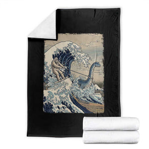 Funny Bigfoot Water Skiing Behind Nessie Throw Blanket Ukiyoe Inspired Wave Art