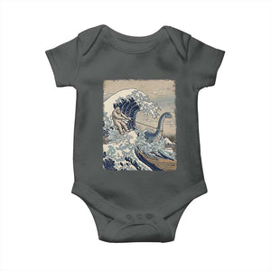 Funny Bigfoot Water Skiing Behind Nessie Baby Onesie Ukiyoe Inspired Wave Art