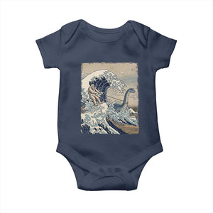 Funny Bigfoot Water Skiing Behind Nessie Baby Onesie Ukiyoe Inspired Wave Art