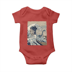 Funny Bigfoot Water Skiing Behind Nessie Baby Onesie Ukiyoe Inspired Wave Art