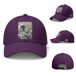 Funny Bigfoot Water Skiing Behind Nessie Baseball Cap Ukiyoe Inspired Wave Art