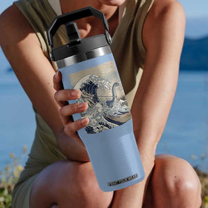 Funny Bigfoot Water Skiing Behind Nessie Flip Straw Tumbler Ukiyoe Inspired Wave Art