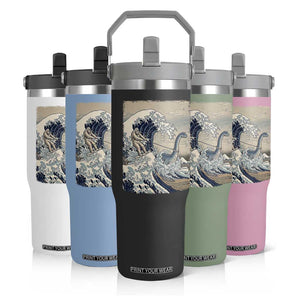 Funny Bigfoot Water Skiing Behind Nessie Flip Straw Tumbler Ukiyoe Inspired Wave Art