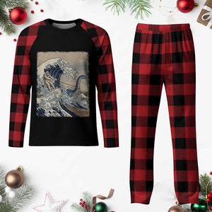Funny Bigfoot Water Skiing Behind Nessie Plaid Pajama Set Ukiyoe Inspired Wave Art