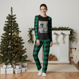 Funny Bigfoot Water Skiing Behind Nessie Plaid Pajama Set Ukiyoe Inspired Wave Art