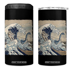 Funny Bigfoot Water Skiing Behind Nessie 4 in 1 Can Cooler Tumbler Ukiyoe Inspired Wave Art
