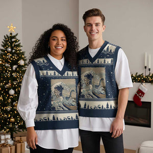 Funny Bigfoot Water Skiing Behind Nessie V-Neck Knit Sweater Vest Ukiyoe Inspired Wave Art