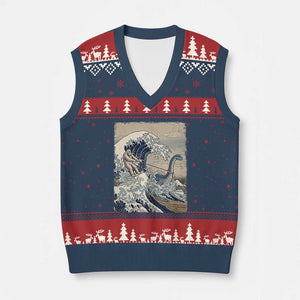 Funny Bigfoot Water Skiing Behind Nessie V-Neck Knit Sweater Vest Ukiyoe Inspired Wave Art