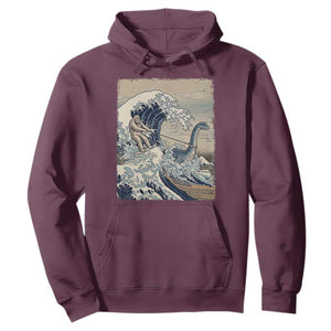 Funny Bigfoot Water Skiing Behind Nessie Hoodie Ukiyoe Inspired Wave Art