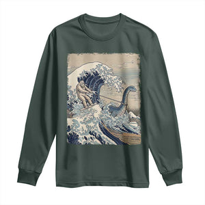 Funny Bigfoot Water Skiing Behind Nessie Long Sleeve Shirt Ukiyoe Inspired Wave Art