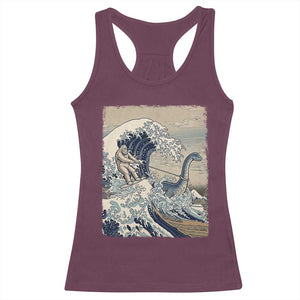 Funny Bigfoot Water Skiing Behind Nessie Racerback Tank Top Ukiyoe Inspired Wave Art
