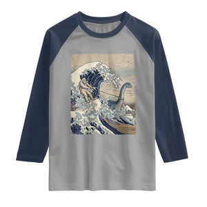 Funny Bigfoot Water Skiing Behind Nessie Raglan Shirt Ukiyoe Inspired Wave Art