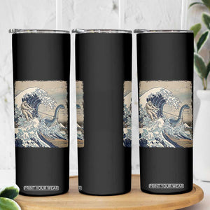 Funny Bigfoot Water Skiing Behind Nessie Skinny Tumbler Ukiyoe Inspired Wave Art