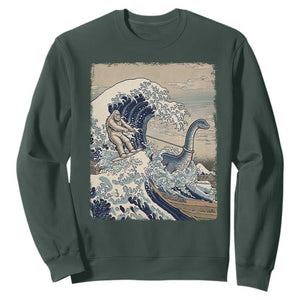 Funny Bigfoot Water Skiing Behind Nessie Sweatshirt Ukiyoe Inspired Wave Art