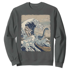 Funny Bigfoot Water Skiing Behind Nessie Sweatshirt Ukiyoe Inspired Wave Art