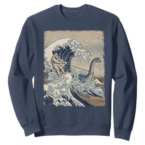 Funny Bigfoot Water Skiing Behind Nessie Sweatshirt Ukiyoe Inspired Wave Art