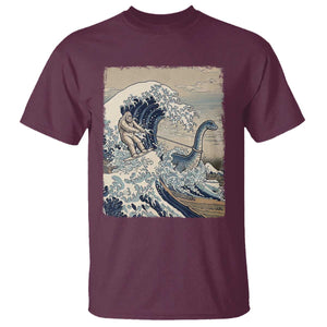 Funny Bigfoot Water Skiing Behind Nessie T Shirt Ukiyoe Inspired Wave Art