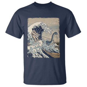Funny Bigfoot Water Skiing Behind Nessie T Shirt Ukiyoe Inspired Wave Art