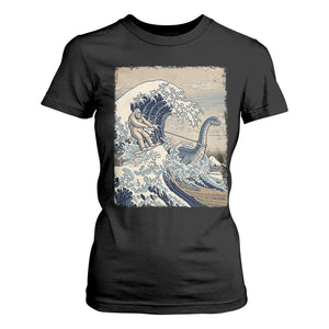 Funny Bigfoot Water Skiing Behind Nessie T Shirt For Women Ukiyoe Inspired Wave Art