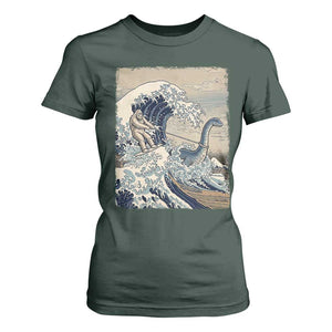 Funny Bigfoot Water Skiing Behind Nessie T Shirt For Women Ukiyoe Inspired Wave Art