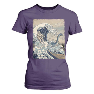 Funny Bigfoot Water Skiing Behind Nessie T Shirt For Women Ukiyoe Inspired Wave Art