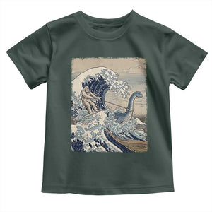 Funny Bigfoot Water Skiing Behind Nessie Toddler T Shirt Ukiyoe Inspired Wave Art