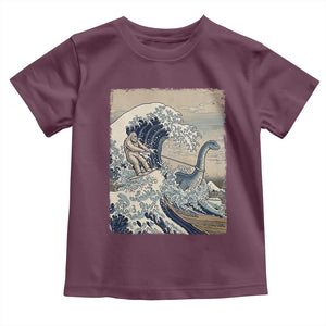 Funny Bigfoot Water Skiing Behind Nessie Toddler T Shirt Ukiyoe Inspired Wave Art