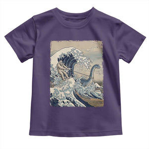 Funny Bigfoot Water Skiing Behind Nessie Toddler T Shirt Ukiyoe Inspired Wave Art