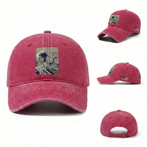 Funny Bigfoot Water Skiing Behind Nessie Washed Cotton Baseball Cap Ukiyoe Inspired Wave Art
