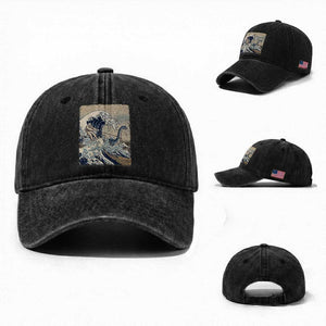 Funny Bigfoot Water Skiing Behind Nessie Washed Cotton Baseball Cap Ukiyoe Inspired Wave Art