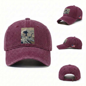 Funny Bigfoot Water Skiing Behind Nessie Washed Cotton Baseball Cap Ukiyoe Inspired Wave Art