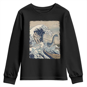 Funny Bigfoot Water Skiing Behind Nessie Youth Sweatshirt Ukiyoe Inspired Wave Art