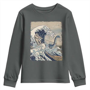 Funny Bigfoot Water Skiing Behind Nessie Youth Sweatshirt Ukiyoe Inspired Wave Art
