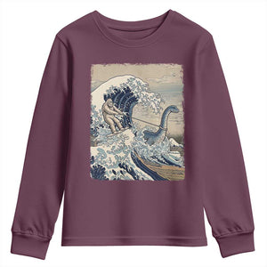 Funny Bigfoot Water Skiing Behind Nessie Youth Sweatshirt Ukiyoe Inspired Wave Art