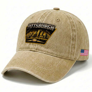 Pittsburgh Skyline Crest Graphic Washed Cotton Baseball Cap Football Lover Gift