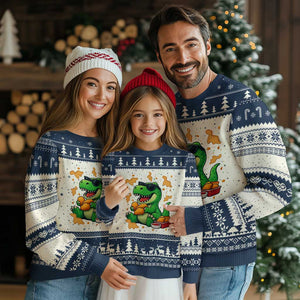 Funny Dinosaur Eating Chicken Nuggets Ugly Christmas Sweater Food Lover Gift TS12 Beige Navy Print Your Wear