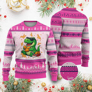 Funny Dinosaur Eating Chicken Nuggets Ugly Christmas Sweater Food Lover Gift TS12 Hot Pink Print Your Wear