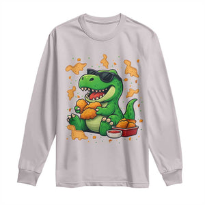 Funny Dinosaur Eating Chicken Nuggets Long Sleeve Shirt Food Lover Gift TS12 Ice Gray Print Your Wear
