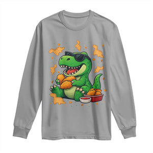 Funny Dinosaur Eating Chicken Nuggets Long Sleeve Shirt Food Lover Gift TS12 Sport Gray Print Your Wear